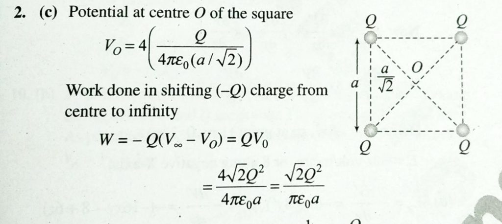 Four Equal Charges Q Are Placed At The Four Corners Of A Square Of Each Side Is A Work Done In Removing A Charge Q From Its Centre To Infinity Is