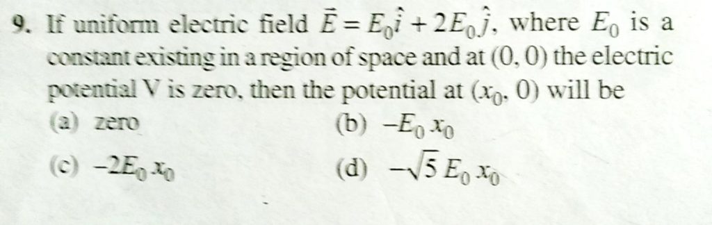 If Uniform Electric Field E E 0 I 2 E 0 J Where E 0 Is A Constant Exists In A Region Of Space And At 0 0 The Electric
