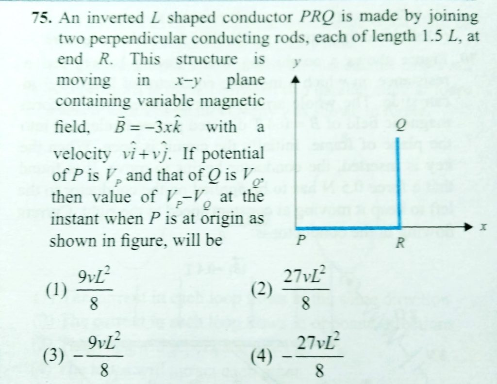 An Inverted L Shaped Conductor Prq Is Made By Joining Two Perpendicular Conducting Rods Each Of Length 1 5 L At End R This Structure Is Moving In X Y Plane Containing Variable Magnetic