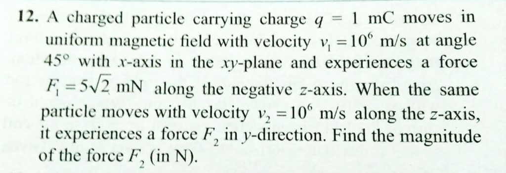 A Charged Particle Carrying Charge Q 1 Mc Moves In Uniform Magnetic With Velocity V1 10 6 M S At Angle 45 With X Axis In The Xy Plane And Experiences A Force F1