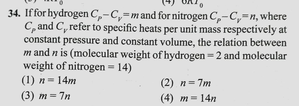 If For Hydrogen Cp Cv M And For Nitrogen Cp Cv N Where Cp And Cv Refer To Specific Heats Per Unit Mass Respectively At Constant Pressure And