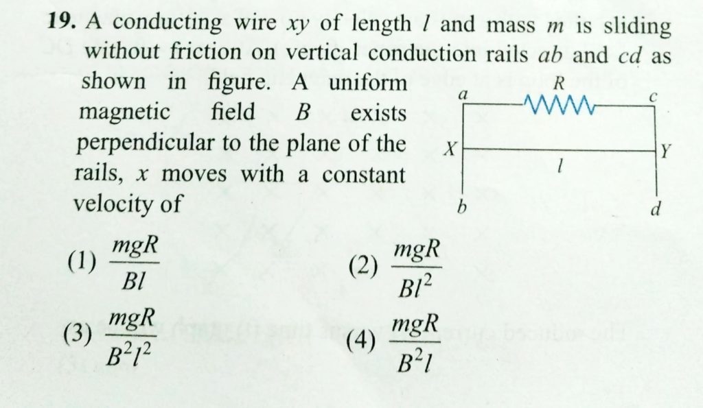 A Conducting Wire Xy Of Length L And Mass M Is Sliding Without Friction On Vertical Conduction Rails Ab And Cd As Shown In Figure A Uniform Magnetic Field B Exists Perpendicular