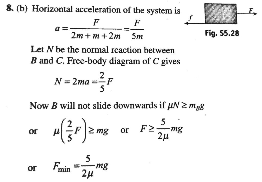 The System Is Pushed By A Force F As Shown In Fig All Surfaces Are Smooth Except Between B And C Friction Coefficient Between B And C Is M Minimum Value Of