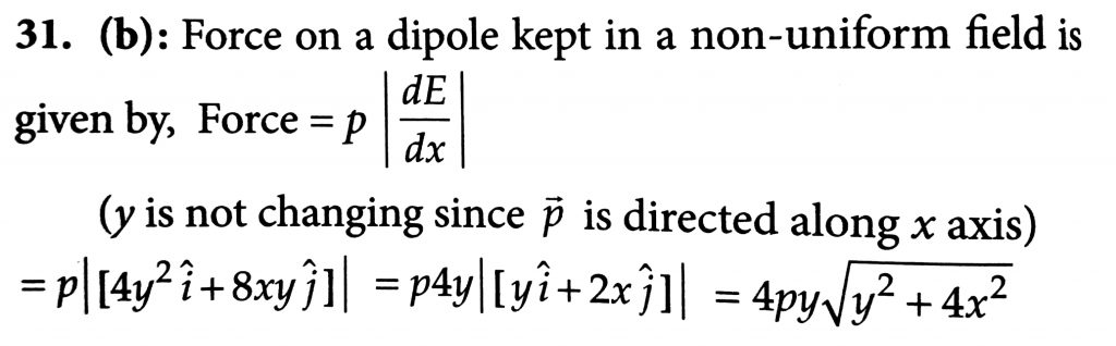Electric Dipole Of Moment P Pi Is Kept At A Point X Y In An Electric Field E 4 Xy 2 I 4 X 2 Y J Find The Magnitude Of Force