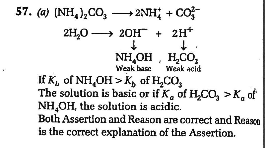 Assertion A Aqueous Solution Of Ammonium Carbonate Is Basic Reason R Acidic Basic Nature Of A Salt Solution Of A Salt Of Weak Acid And Weak Base Depends On Ka And