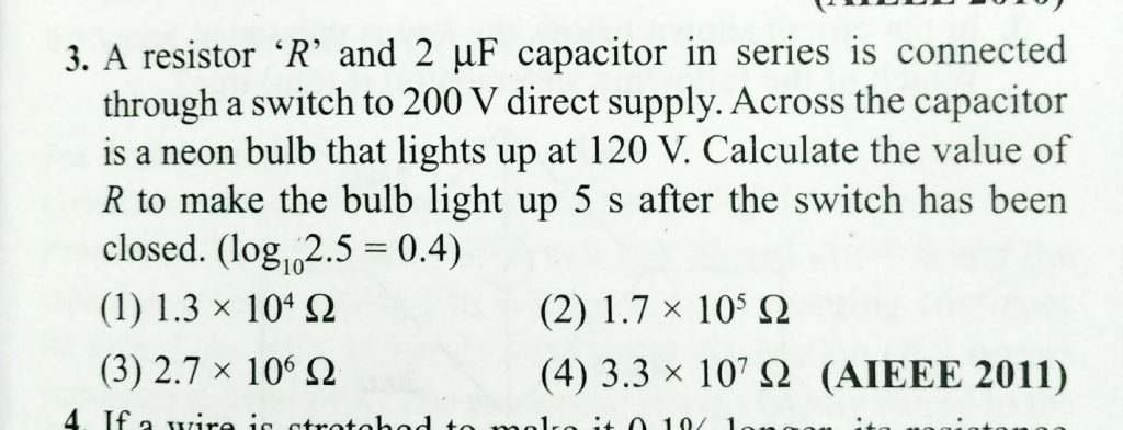 A Resistor R And 2 M F Capacitor In Series Is Connected Through A Switch To 0 V Direct Supply A Cross The Capacitor Is A Neon Bulb That Lights Up At 1 V