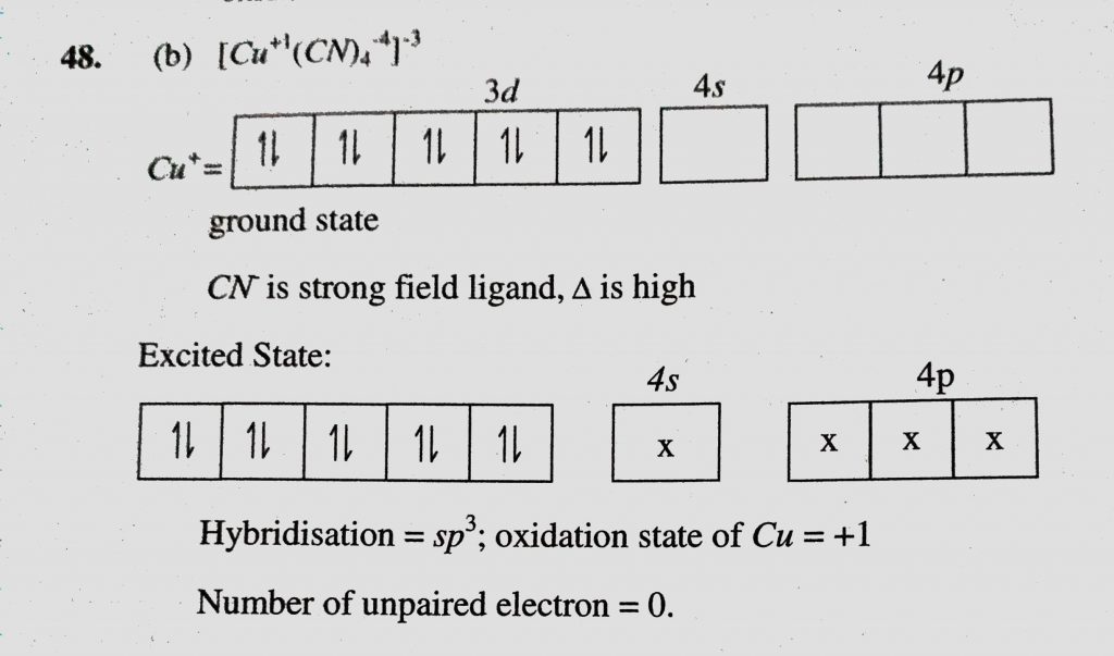 In The Complex Ion Cu Cn 4 3 The Hybridization State Oxidation State And Number Of Unpaired Electrons Of Copper Are Respectively Sahay Lms