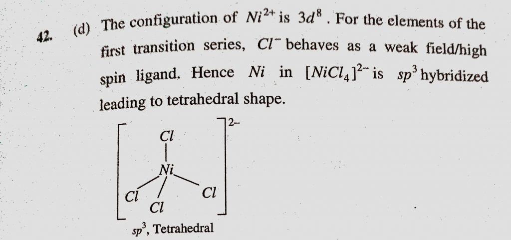 The Species Having Tetrahedral Shape Is A Pdcl4 2 B Ni Cn 4 2 C Pd Cn 4 2 Sahay Lms