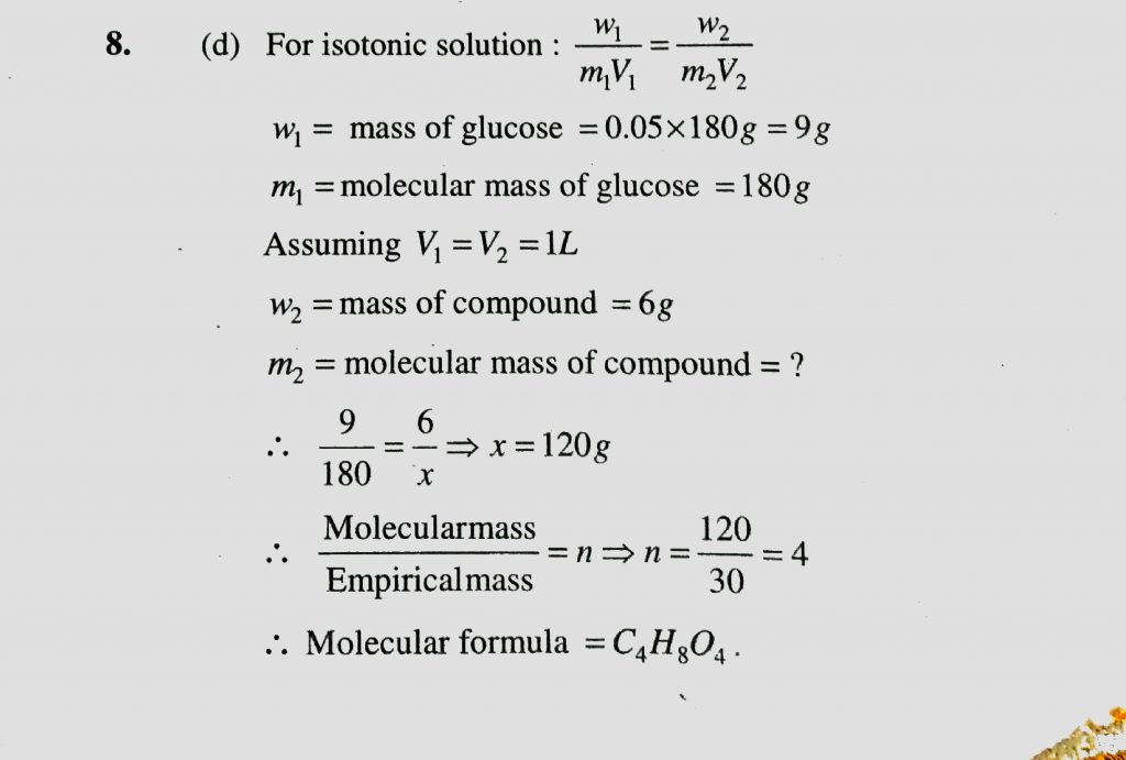 The Empirical Formula Of A Non Electrolyte Is Ch2o A Solution Containing 3 G L 1 Of The Compound Exerts The Same Osmotic Pressure As That Of 0 05 M Glucose Solution The Molecules Formula