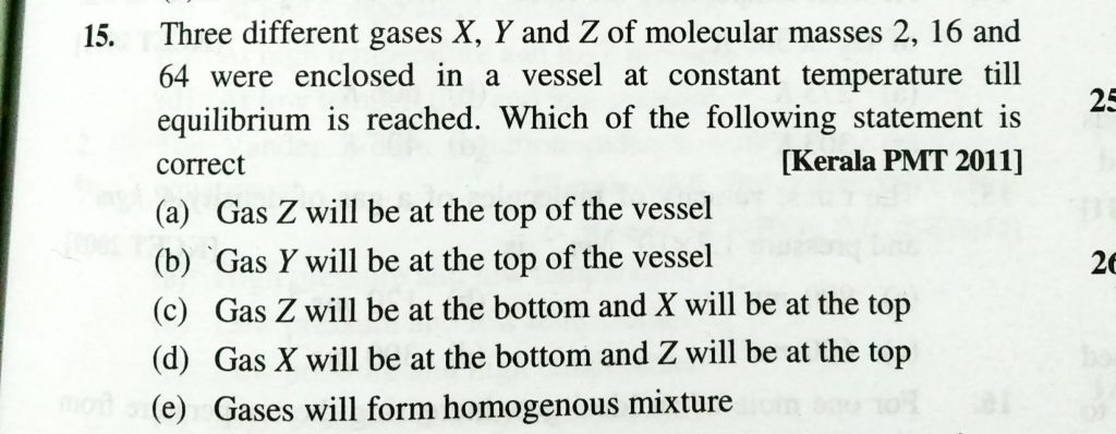 Three Different Gases X Y And Z Of Molecular Masses 2 16 And 64 Were Enclosed In A Vessel At Constant Temperature Till Equilibrium Is Reached Which Of The Following